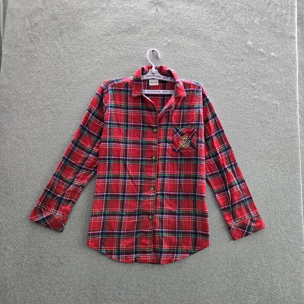 Lauren Ralph Lauren Women Sleepwear M Red Plaid Flannel Pajama Shirt Embroidered